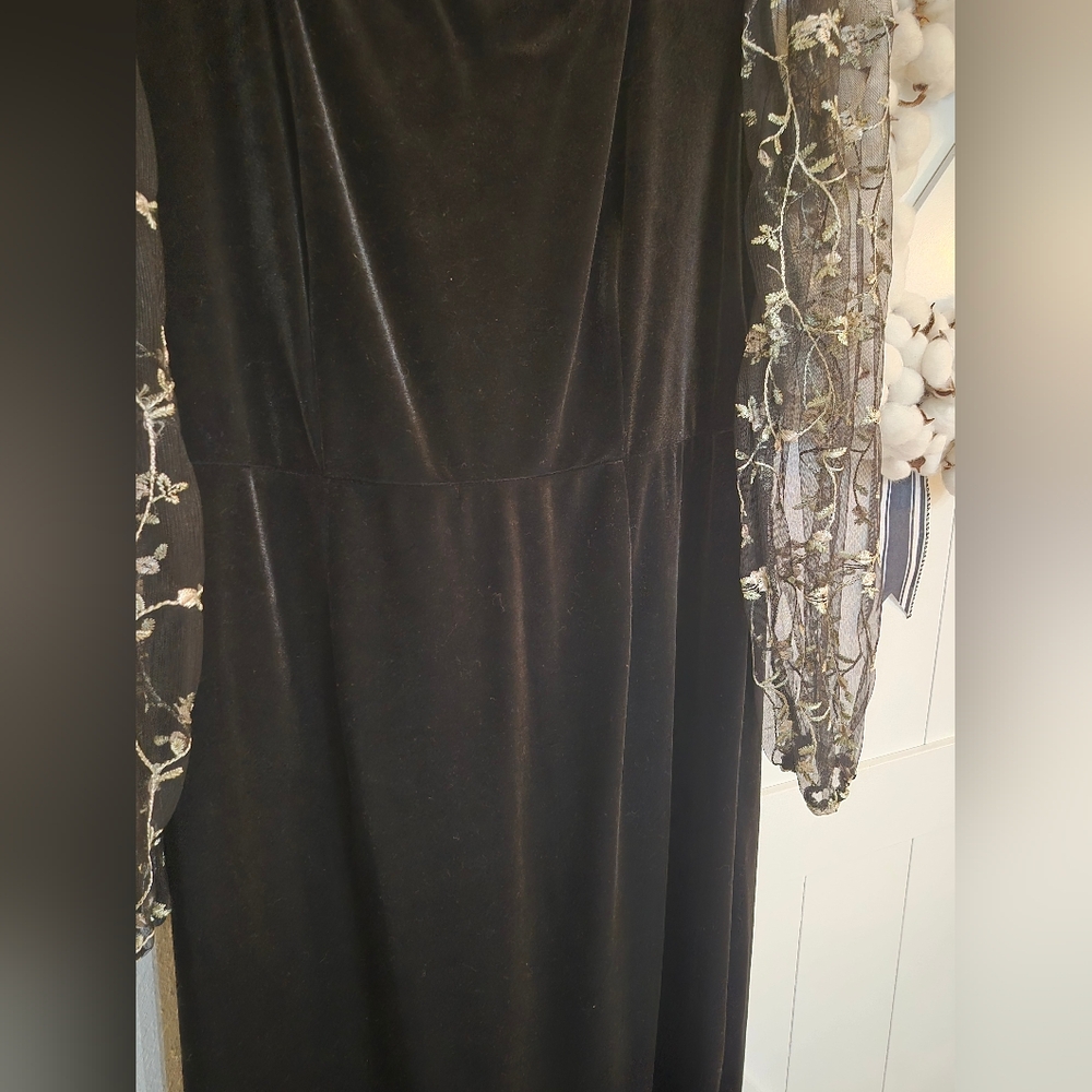 Macy's Black Velvet Maxi Dress with Floral Embroidered Sleeves - Picture 4 of 9